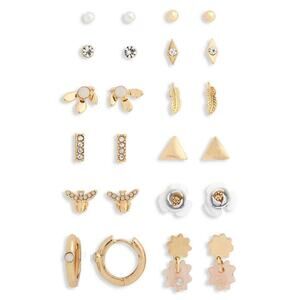 BP Set of 12 Mixed Stud & Huggie Hoop Earrings Flower Leaves Bees NWOT